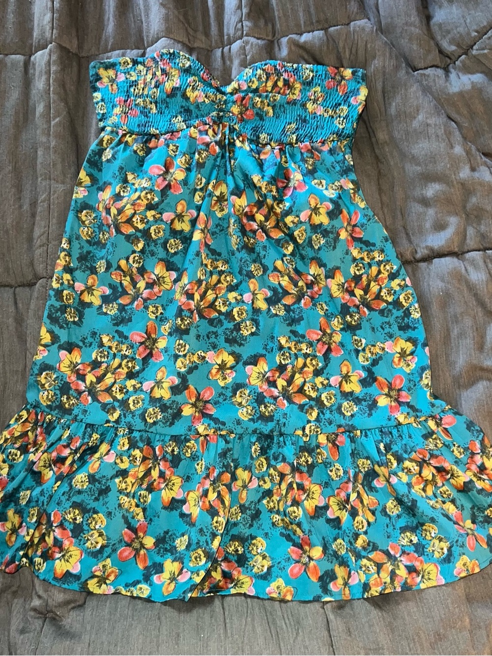 O'Neill Teal Floral Smocked Strapless Dress